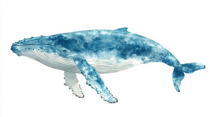 Obraz premium A humpback whale is depicted swimming elegantly through the ocean, revealing its stunning blue and white coloration and details