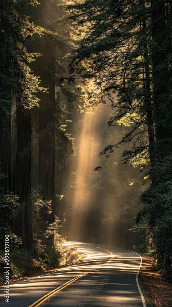 Poster a road with trees on either side and the sun shining on it