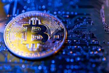Bitcoin coin close-up on circuit board. Finance concept.