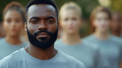 Obraz premium Neutral-toned community gathering showcasing members in gray shirts, symbolizing unity and balance, close up, focus on harmony, realistic, Composite, community park backdrop