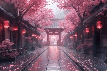 ancient japanese pagoda amidst misty cherry blossom grove soft pink petals falling traditional bridge koi pond serene spring atmosphere