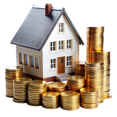 RMB coins stacked in front of the housing model (house prices, house buying, real estate, mortgage concept)