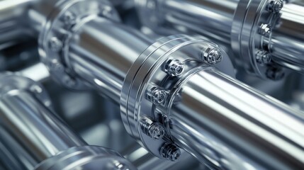 Close-up of shiny silver metal pipes with bolts, showcasing intricate industrial design and engineering.
