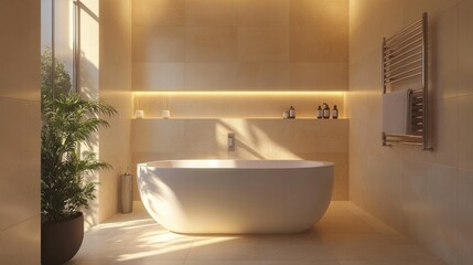 Fototapeta premium A serene bathroom featuring a modern freestanding bathtub and warm lighting, perfect for relaxation.