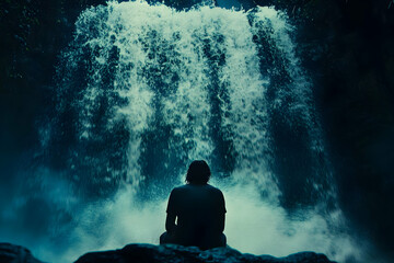 Fototapeta premium Silhouetted Figure Contemplating the Majestic Waterfall, A Serene Landscape Photograph