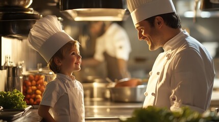 Child dressed as a chef bonding with professional cook in a restaurant kitchen, expressing creativity and joy in culinary learning