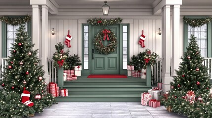 A bright and inviting Christmas porch features a gingerbread man, a lush wreath, red stockings, and colorful gift boxes, creating a joyful holiday atmosphere