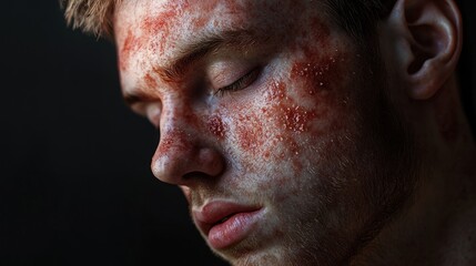 Obraz premium Close-up of a young Caucasian male with facial scars, showcasing emotion and intensity against a dark background.