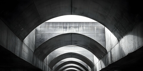 Fototapeta premium Abstract Black and White Photograph of Concrete Arches Leading to Light