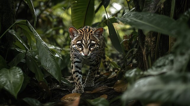 An ocelot (Leopardus pardalis) gracefully prowls through the lush greenery of a Central American jungle, showcasing its striking coat patterned with distinctive rosettes and spots. 