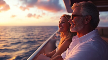 A joyful couple, a Caucasian man and woman, enjoying a magical sunset on a boat, reflecting tranquility and romance.