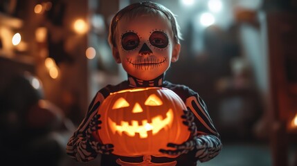 Obraz premium Child dressed as skeleton holding a glowing jack-o'-lantern on Halloween night in spooky ambiance