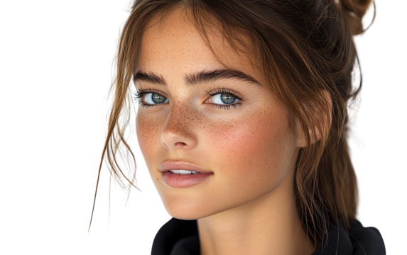 A close-up portrait of a young woman with natural beauty, featuring freckles and bright blue eyes, ideal for lifestyle and beauty themes.