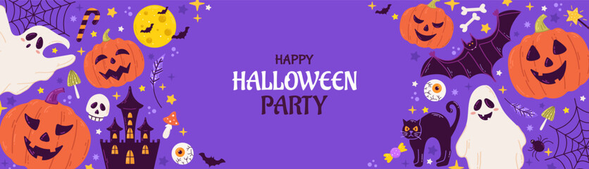 Happy Halloween Party banner with tradition symbols. Scary smiling pumpkin, ghost, bats and dark castle, moon. Festive holiday card, web background design for October night. Vector flat illustration