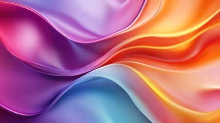 Fototapeta premium A vibrant wave of silk fabric, blending shades of purple, orange, and blue, creating a soft, dynamic flow.