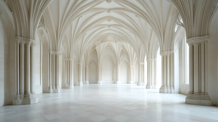 Obraz premium A long hallway with vaulted ceilings and white columns, creating a sense of grandeur and tranquility.