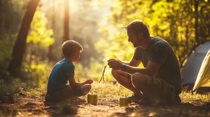 Father and son bonding during a camping trip in a forest with a tent in the background, sharing a joyful and educational moment with sunlight filtering through the trees