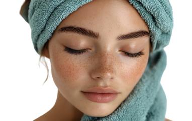 Close-up of a serene woman with freckled skin, wrapped in a turquoise towel, conveying beauty and tranquility.