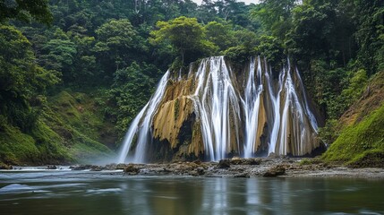 Naklejka premium Sri Gethuk Waterfall cascades gracefully down the rocky cliffs at Oyo River, located in Menggoran Village, Yogyakarta Province, Central Java, Indonesia.