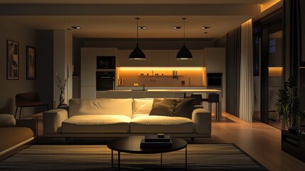 Cozy modern living room with a warm color palette and ambient lighting, featuring a stylish sofa and minimalist decor.