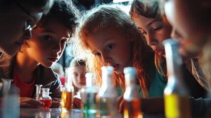Diverse children and teacher engaged in a collaborative science experiment in a classroom setting
