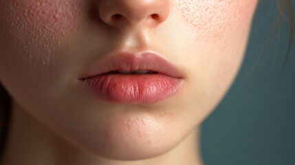 Fototapeta premium Close-up of a young Caucasian woman's lips and skin, showcasing natural beauty with a gentle focus on texture.
