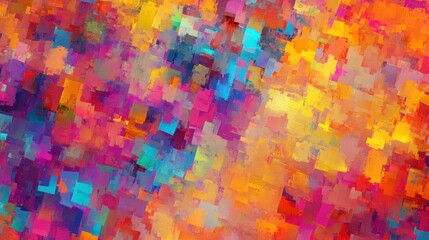 Vibrant abstract painting in shades of orange, pink, blue, and yellow, creating an energetic and lively atmosphere.
