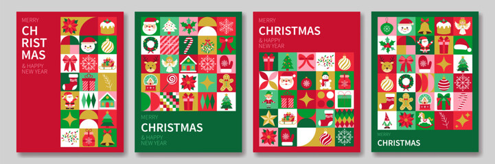 Fototapeta premium Four Christmas cards with a variety of Christmas symbols. The cards are colorful and feature a festive mood