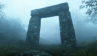 A hauntingly beautiful portal appears in a fog-laden forest, inviting exploration and wonder