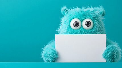 Fototapeta premium a furry monster holding a white blank sign on blue background