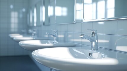Fototapeta premium Clean and modern bathroom sinks with sleek faucets in a well-lit space.