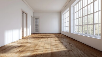 Obraz premium Bright, empty room with wooden flooring and large windows creating a warm, inviting atmosphere.