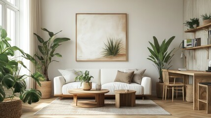 Fototapeta premium A bright, modern living room featuring a white sofa and natural wood furniture, adorned with lush greenery.