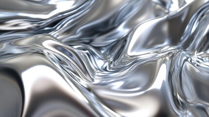 Close-up of elegant silver fabric, featuring smooth, flowing waves that create a sense of luxury and sophistication.