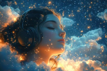 anime girl gracefully floating through a cosmic expanse surrounded by twinkling stars wearing stylish headphones and immersed in the soothing vibes of lofi hip hop music