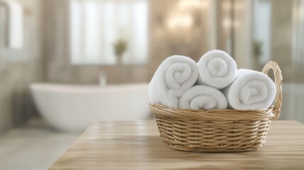 A basket of neatly rolled white towels in a modern bathroom setting.