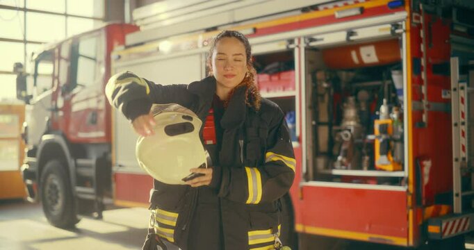 Female Firefighter in Full Gear Ready for Duty, Standing in Front of a Fire Truck, Posing, Looking at Camera and Smiling. Portrait of a Brave and Determined Young First Responder