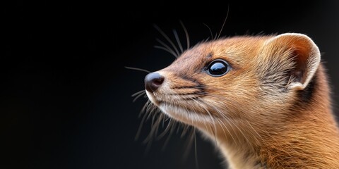 Fototapeta premium A close-up shot of a weasels face in a dramatic side profile, with one eye sharply in focus, capturing the animals curious nature