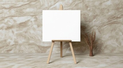 An empty canvas rests on an easel in a cozy space, surrounded by a bouquet of dried flowers. The scene exudes warmth and invites inspiration for artistic endeavors