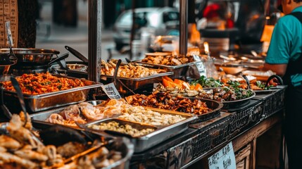 Obraz premium Vibrant street food markets with diverse offerings. Street food for tourists stalls offering diverse