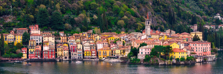 Varenna, a picturesque resort town on Lake Como, from above on a cloudy day. Historical buildings and landscapes. Wide banner