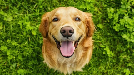 A happy golden retriever is smiling and looking at the camera