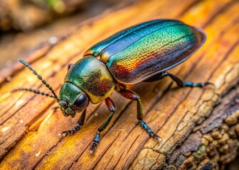 The Pine Borer Beetle clings to the bark, emphasizing its unusual traits and vibrant colors, seamlessly blending into