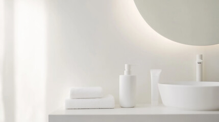 Fototapeta premium Close-up of a sleek, minimalist vanity with blurred skincare products, soft lighting for beauty and wellness promotions.