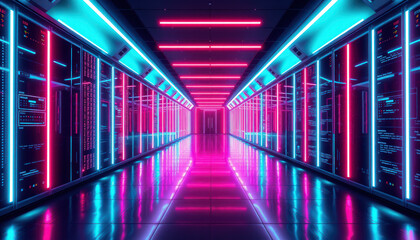 Futuristic corridor with glowing neon lights. Cyber space. Modern digital technology background. Bright illuminated architecture. Empty hall with fluorescent glow. Abstract geometric.