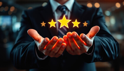 Businessman holding five stars in hand with bokeh background. Customer satisfaction rating concept. Service quality review symbol. Positive feedback achievement. Business success.