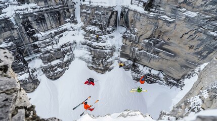 Ski BASE jumping a cliff with dramatic wide shots and slowmotion captures