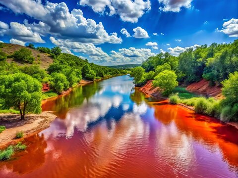 The Red River in Texas presents a colorful panorama, blending vibrant tones with serene landscapes, creating a peaceful