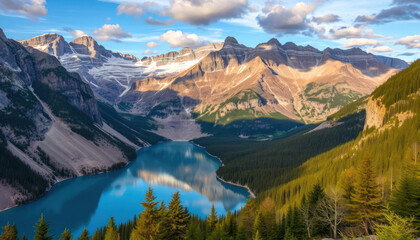 Beautiful alpine lake in rockies. Scenic landscape reflection mountain peak in turquoise water forest. Tranquil wilderness attraction with colourful sky sunrise, hiking and nature.
