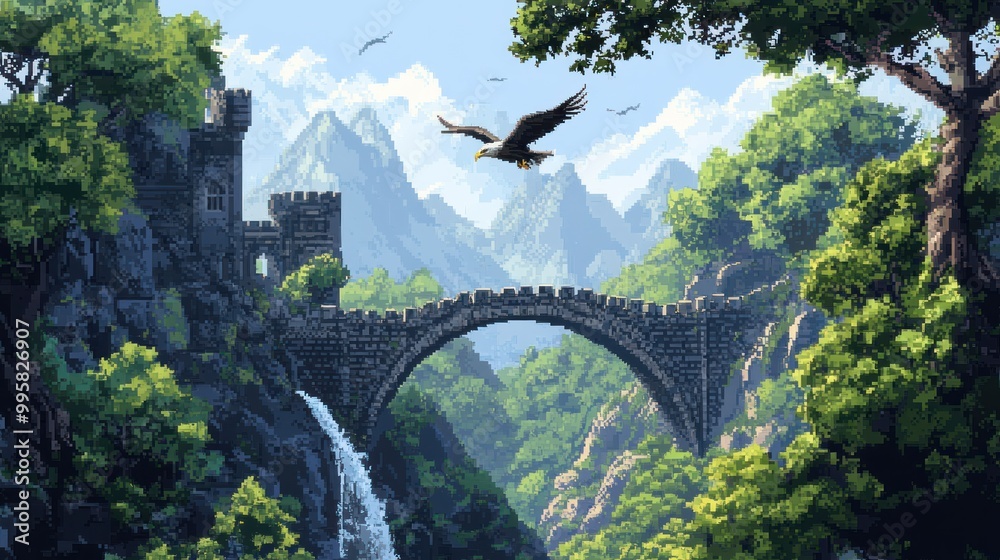 Poster A Stone Bridge in a Lush Mountain Valley with an Eagle in Flight